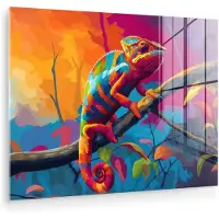 MuchoWow Glasschilderij 160x120 cm - Schilderij acrylglas - Kameleon - Tak - Gestreept - Bladeren - Foto op glas - Muurdecoratie woonkamer - Wanddecoratie slaapkamer - Schilderijen