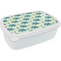 MuchoWow Broodtrommel Wit - Lunchbox Triceratop - Blauw - Stippen - Boompjes - Brooddoos 18x12x6 cm - Brood lunch box - Broodtrommels voor kinderen en volwassenen