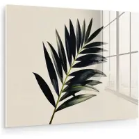MuchoWow Glasschilderij 160x120 cm - Schilderij acrylglas - Palmblad - Subtiel - Groen - beige - Foto op glas - Muurdecoratie woonkamer - Wanddecoratie slaapkamer - Schilderijen