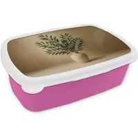 MuchoWow Broodtrommel Roze - Lunchbox Vaas - Olijftakken - Bladeren - Beige - Brooddoos 18x12x6 cm - Brood lunch box - Broodtrommels voor kinderen en volwassenen