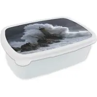MuchoWow Broodtrommel Wit - Lunchbox Golf - Vuurtoren - Schuimend water - Brooddoos 18x12x6 cm - Brood lunch box - Broodtrommels voor kinderen en volwassenen