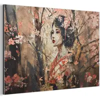 MuchoWow Aluminium schilderij 180x120 cm - Wanddecoratie metaal - Kimono - Vrouw - kersenbomen - Metalen muurdecoratie woonkamer - Decoratie industrieel - Foto op dibond - Industriële accessoires slaapkamer