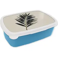 MuchoWow Broodtrommel Blauw - Lunchbox Palmblad - Subtiel - Groen - beige - Brooddoos 18x12x6 cm - Brood lunch box - Broodtrommels voor kinderen en volwassenen