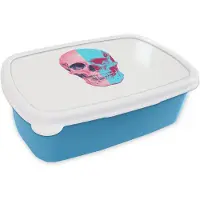 MuchoWow Broodtrommel Blauw - Lunchbox Schedel - Grafisch - Roze - Verdeeld - Brooddoos 18x12x6 cm - Brood lunch box - Broodtrommels voor kinderen en volwassenen