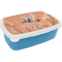 MuchoWow Broodtrommel Blauw - Lunchbox Vogel - Bloesemtakken - Warm - Kleurrijk - Brooddoos 18x12x6 cm - Brood lunch box - Broodtrommels voor kinderen en volwassenen