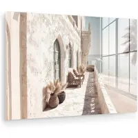 MuchoWow Glasschilderij 180x120 cm - Schilderij acrylglas - Terras - Stoelen - Strand - Beige - Foto op glas - Muurdecoratie woonkamer - Wanddecoratie slaapkamer - Schilderijen