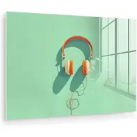 MuchoWow Glasschilderij 180x120 cm - Schilderij acrylglas - Koptelefoon - Oranje - Snoer - Minimalistisch - Foto op glas - Muurdecoratie woonkamer - Wanddecoratie slaapkamer - Schilderijen