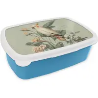 MuchoWow Broodtrommel Blauw - Lunchbox Gele kuifkaketoe - paradijsvogelbloemen - Groen - Brooddoos 18x12x6 cm - Brood lunch box - Broodtrommels voor kinderen en volwassenen