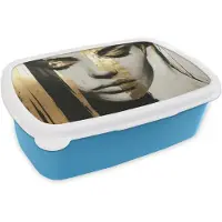 MuchoWow Broodtrommel Blauw - Lunchbox Ogen - Gezicht - Goud - Strepen - Brooddoos 18x12x6 cm - Brood lunch box - Broodtrommels voor kinderen en volwassenen