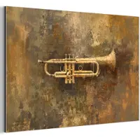 MuchoWow Aluminium schilderij 180x120 cm - Wanddecoratie metaal - Trompet - Geel - Muzikaal - Metalen muurdecoratie woonkamer - Decoratie industrieel - Foto op dibond - Industriële accessoires slaapkamer