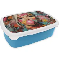 MuchoWow Broodtrommel Blauw - Lunchbox Vrouw - Kauwgom - Graffiti - Love - Brooddoos 18x12x6 cm - Brood lunch box - Broodtrommels voor kinderen en volwassenen