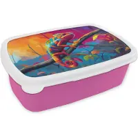 MuchoWow Broodtrommel Roze - Lunchbox Kameleon - Tak - Gestreept - Bladeren - Brooddoos 18x12x6 cm - Brood lunch box - Broodtrommels voor kinderen en volwassenen
