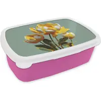 MuchoWow Broodtrommel Roze - Lunchbox Bloemen - Geel - Bladeren - Structuur - Brooddoos 18x12x6 cm - Brood lunch box - Broodtrommels voor kinderen en volwassenen