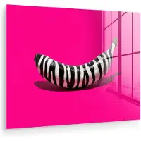 MuchoWow Glasschilderij 160x120 cm - Schilderij acrylglas - Banaan - Zebraprint - Roze - Foto op glas - Muurdecoratie woonkamer - Wanddecoratie slaapkamer - Schilderijen