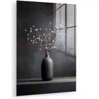 MuchoWow Glasschilderij 120x160 cm - Schilderij acrylglas - Takken - Vaas - Bolletjes - Wit - Foto op glas - Muurdecoratie woonkamer - Wanddecoratie slaapkamer - Schilderijen