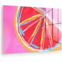 MuchoWow Glasschilderij 180x120 cm - Schilderij acrylglas - Grapefruit - Geschilderd - Roze - Strepen - Foto op glas - Muurdecoratie woonkamer - Wanddecoratie slaapkamer - Schilderijen