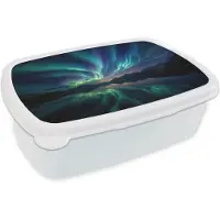 MuchoWow Broodtrommel Wit - Lunchbox Noorderlicht - Kleurrijk - Bergmeer - Brooddoos 18x12x6 cm - Brood lunch box - Broodtrommels voor kinderen en volwassenen