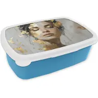 MuchoWow Broodtrommel Blauw - Lunchbox Sierlijk - Vrouw - Goud - Ogen - Brooddoos 18x12x6 cm - Brood lunch box - Broodtrommels voor kinderen en volwassenen