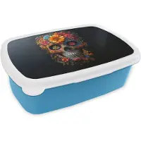 MuchoWow Broodtrommel Blauw - Lunchbox Bloemen - Kleurrijk - Schedel - Brooddoos 18x12x6 cm - Brood lunch box - Broodtrommels voor kinderen en volwassenen