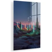 MuchoWow Glasschilderij 120x180 cm - Schilderij acrylglas - Cactus - Lichtzuilen - Zonsondergang - Foto op glas - Muurdecoratie woonkamer - Wanddecoratie slaapkamer - Schilderijen