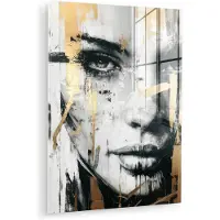 MuchoWow Glasschilderij 120x160 cm - Schilderij acrylglas - Portret - Vrouw - Penseelstreken - Goud - Foto op glas - Muurdecoratie woonkamer - Wanddecoratie slaapkamer - Schilderijen
