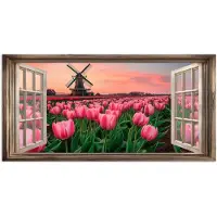PosterMonkey Poster 120x60 cm - Doorkijk - Tulpen - Bloemen - Molen - Raam - Posters - Kamer decoratie - Wanddecoratie woonkamer - Muurdecoratie slaapkamer