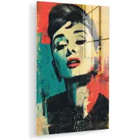 MuchoWow Glasschilderij 120x180 cm - Schilderij acrylglas - Vrouw - Rode lippen - Expressief - Grafisch - Foto op glas - Muurdecoratie woonkamer - Wanddecoratie slaapkamer - Schilderijen