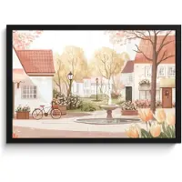 PosterMonkey Poster in lijst - Fotolijst 60x40 cm - Posters - Dorpsplein - Fontein - Tulpen - Posterlijst zwart - Decoratie - Wanddecoratie woonkamer - Muurdecoratie slaapkamer
