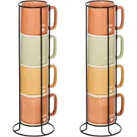 Secret De Gourmet Koffie mokken/bekers Earth - 8x stuks in metalen rekje - Keramiek - glans afwerking - 340 ml - 7 x 9 cm