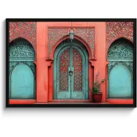PosterMonkey Poster in lijst - Fotolijst 90x60 cm - Posters - Lantaarn - Deur - Turquoise - Posterlijst zwart - Decoratie - Wanddecoratie woonkamer - Muurdecoratie slaapkamer
