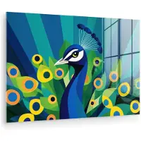 MuchoWow Glasschilderij 180x120 cm - Schilderij acrylglas - Pauw - Cirkels - Blauw - Foto op glas - Muurdecoratie woonkamer - Wanddecoratie slaapkamer - Schilderijen