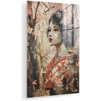 MuchoWow Glasschilderij 120x180 cm - Schilderij acrylglas - Kimono - Vrouw - kersenbomen - Foto op glas - Muurdecoratie woonkamer - Wanddecoratie slaapkamer - Schilderijen