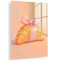MuchoWow Glasschilderij 90x120 cm - Schilderij acrylglas - Croissant - Strik - Roze - Foto op glas - Muurdecoratie woonkamer - Wanddecoratie slaapkamer - Schilderijen