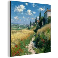 MuchoWow Aluminium schilderij 50x50 cm - Wanddecoratie metaal - Zandpad - Huis - Bomen - Grasveld - Metalen muurdecoratie woonkamer - Decoratie industrieel - Foto op dibond - Industriële accessoires slaapkamer
