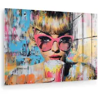 MuchoWow Glasschilderij 180x120 cm - Schilderij acrylglas - Zonnebril - Vrouw - Kleurrijk - Verfspetters - Foto op glas - Muurdecoratie woonkamer - Wanddecoratie slaapkamer - Schilderijen