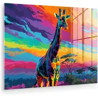 MuchoWow Glasschilderij 160x120 cm - Schilderij acrylglas - Giraffe - Savanna - Lucht - Gekleurd - Foto op glas - Muurdecoratie woonkamer - Wanddecoratie slaapkamer - Schilderijen