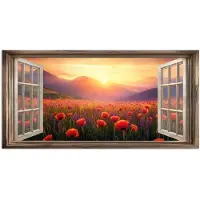 PosterMonkey Poster 150x75 cm - Doorkijk - Klaprozen - Bloemen - Rood - Open raam - Posters - Kamer decoratie - Wanddecoratie woonkamer - Muurdecoratie slaapkamer