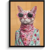 PosterMonkey Poster in lijst - Fotolijst 60x80 cm - Posters - Zonnebril - Kat - Sjaal - Bloemen - Posterlijst zwart - Decoratie - Wanddecoratie woonkamer - Muurdecoratie slaapkamer