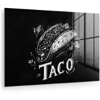 MuchoWow Glasschilderij 180x120 cm - Schilderij acrylglas - Taco - Kruiden - Witte krijtstijl - Tekst - Foto op glas - Muurdecoratie woonkamer - Wanddecoratie slaapkamer - Schilderijen