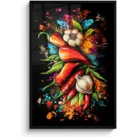 PosterMonkey Poster in lijst - Fotolijst 80x120 cm - Posters - Groente - Peper - Knoflook - Graffiti - Verf - Kleurrijk - Posterlijst zwart - Decoratie - Wanddecoratie woonkamer - Muurdecoratie slaapkamer