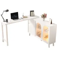 Merax Draaibaar Bureau met Dressoir 2-in-1 – LED Verlichting Vitrine – Wit – 120x40x78
