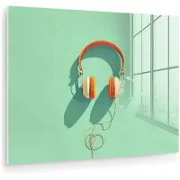 MuchoWow Glasschilderij 160x120 cm - Schilderij acrylglas - Koptelefoon - Oranje - Snoer - Minimalistisch - Foto op glas - Muurdecoratie woonkamer - Wanddecoratie slaapkamer - Schilderijen