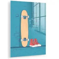 MuchoWow Glasschilderij 120x160 cm - Schilderij acrylglas - Skateboard - Gympen - Rood - Minimalistisch - Foto op glas - Muurdecoratie woonkamer - Wanddecoratie slaapkamer - Schilderijen