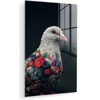 MuchoWow Glasschilderij 120x180 cm - Schilderij acrylglas - Duif - Bloemen - Wit - Zwart - Foto op glas - Muurdecoratie woonkamer - Wanddecoratie slaapkamer - Schilderijen
