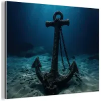 MuchoWow Aluminium schilderij 160x120 cm - Wanddecoratie metaal - Anker - Ijzer - Zeebodem - Zand - Metalen muurdecoratie woonkamer - Decoratie industrieel - Foto op dibond - Industriële accessoires slaapkamer