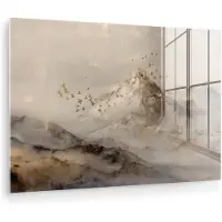 MuchoWow Glasschilderij 30x20 cm - Schilderij acrylglas - Berglandschap - Mist - Penseelstreken - Foto op glas - Muurdecoratie woonkamer - Wanddecoratie slaapkamer - Schilderijen