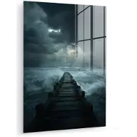 MuchoWow Glasschilderij 120x160 cm - Schilderij acrylglas - Steiger - Storm - Golven - Foto op glas - Muurdecoratie woonkamer - Wanddecoratie slaapkamer - Schilderijen