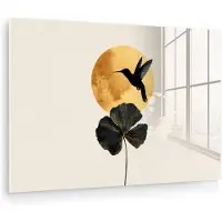 MuchoWow Glasschilderij 180x120 cm - Schilderij acrylglas - Zwarte kolibrie - Bloem - Gouden cirkel - Foto op glas - Muurdecoratie woonkamer - Wanddecoratie slaapkamer - Schilderijen