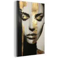 MuchoWow Aluminium schilderij 120x180 cm - Wanddecoratie metaal - Ogen - Gezicht - Goud - Strepen - Metalen muurdecoratie woonkamer - Decoratie industrieel - Foto op dibond - Industriële accessoires slaapkamer