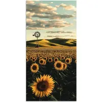PosterMonkey Poster 40x80 cm - Zonnebloem - Veld - Windmolen - Posters - Kamer decoratie - Wanddecoratie woonkamer - Muurdecoratie slaapkamer